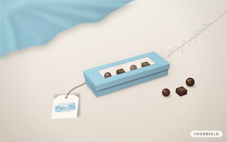 Lichtblauw doosje met venster, bonbons en een cadeaulabel