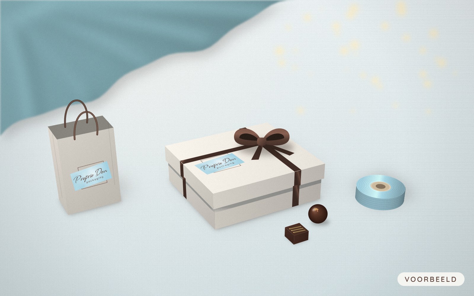 Feestelijke verpakking met bonbondoos, lint en geschenktasje